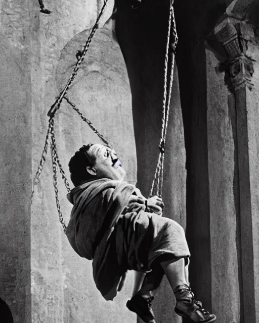 Image similar to color Photograph of Charles Laughton dressed as Quasimodo swinging from a Bell Tower, atmospheric, cinematic