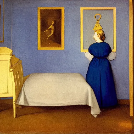 Prompt: a girl in a blue and gold haunted liminal room, film still by goya, colors by pontormo, lights by hopper, extreme detail, liminal aesthetic, background art nouveau,