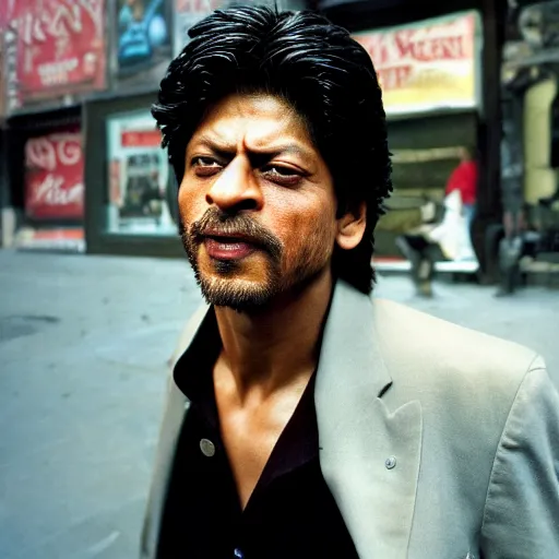 Image similar to closeup portrait of Shahrukh Khan , new york back street , by Steve McCurry and David Lazar, natural light, detailed face, CANON Eos C300, ƒ1.8, 35mm, 8K, medium-format print