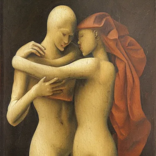 Image similar to renaissance era, oil painting of two robots hugging