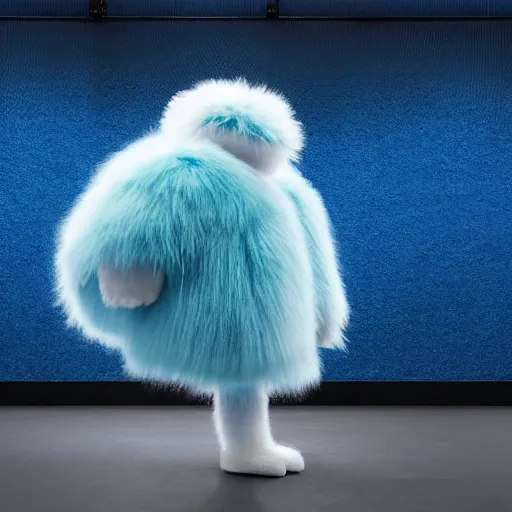 Image similar to nike fluffy monster made of very fluffy blue faux fur placed on reflective surface, nike logo, professional advertising, overhead lighting, heavy detail, realistic by nate vanhook, mark miner