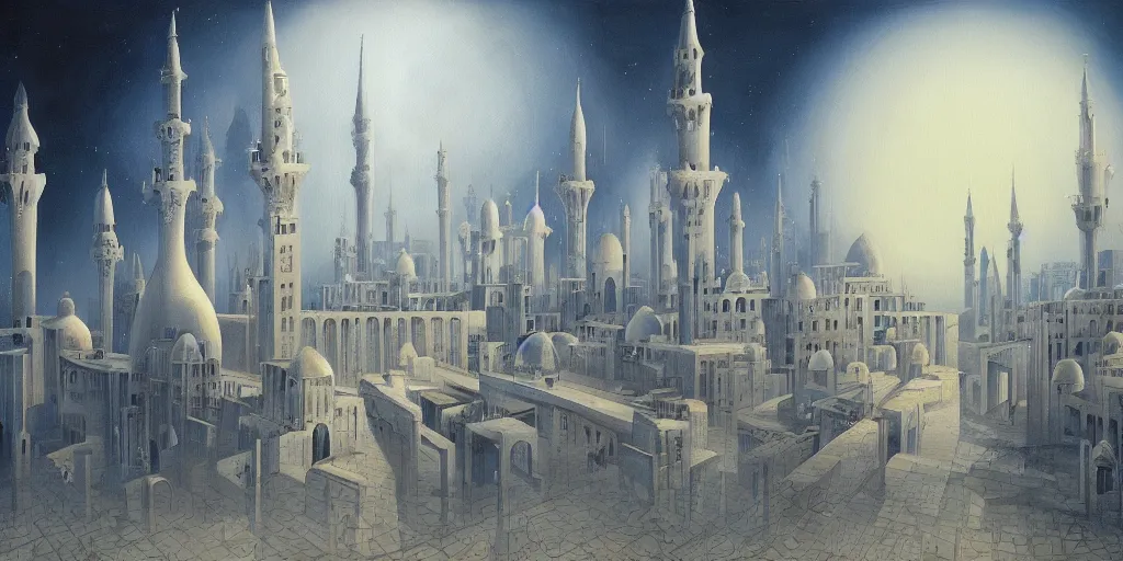 Prompt: a beautiful painting of islamic architecture, city landscape, islamic architecture, louis kahn, fantasy, futuristic, by yves tanguy, trending on artstation