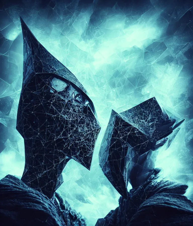 Image similar to impressive ominous front!! shot photo of a court jester character fine portrait fine portrait mesmerizing fractal hyper cubes platinum cracked dark future hyper dimensional space galactic crystal nebula edges elegant detailed intricate concept artstation sharp focus ray tracing cinematic masterpiece temporal corruption beeple wlop germ 8 4 k scifi glossy hyper realistic illustration canon eos r 3 fujifilm x - t 3 0 sony alpha a 6 6 0 0