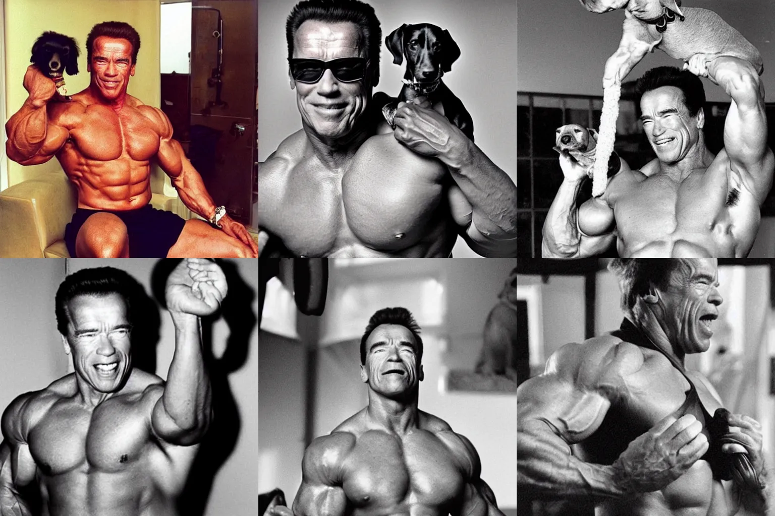 Prompt: “Arnold Schwarzenegger in a training bra eating a wiener dog”