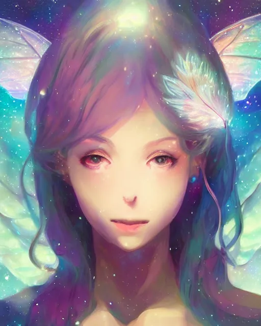 Prompt: a detailed digital art of an attractive!!!! girl with psychedelic! fairy wings sitting under the night sky and holding!! a crystal!! containing all of reality and galaxies, by greg rutkowski artgerm ilya kuvshinov. anime! dramatic lighting, cinematic angle, heavy contrast