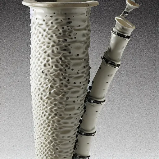 Prompt: a ceramic wind instrument made from a vertical arrangement of glazed ceramic pipes in the shape of vocal tracts emerging from mud blowing a pattern of cymatic jet streams of vapour , highly detailed , 8k , octane , frontal view