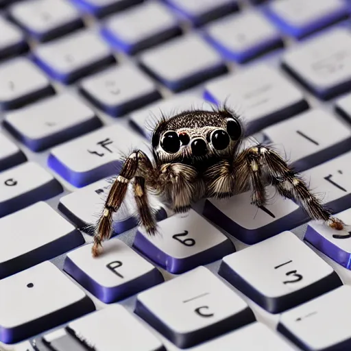 Image similar to a smart jumping spider using his computer keyboard, by pixar, macro lens, iridescent