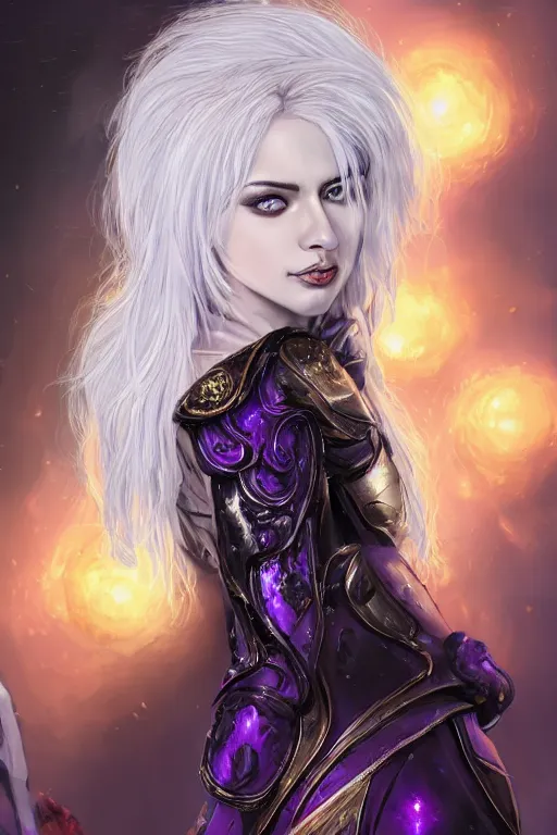 Prompt: portrait evilly knights of Zodiac girl, white hair, seductive eyes and face metalic deep purple and black reflected armor, in ruined Agora of Athens thunder flash night, sparkling, ssci-fi, fantasy, intricate, very very beautiful, elegant, golden light, highly detailed, digital painting, artstation, concept art, smooth, sharp focus, illustration, art by tian zi and WLOP and alphonse mucha