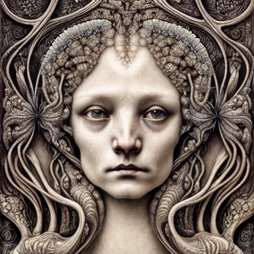 Image similar to detailed realistic beautiful calaveras goddess portrait by jean delville, gustave dore, iris van herpen and marco mazzoni, art forms of nature by ernst haeckel, art nouveau, symbolist, visionary, gothic, neo - gothic, pre - raphaelite, fractal lace, intricate alien botanicals, biodiversity, surreality, hyperdetailed ultrasharp octane render
