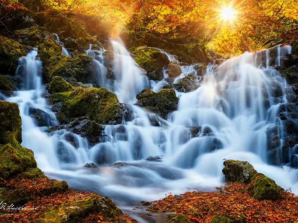Prompt: dreamy photograph of an enchanting waterfall in a secluded island, sunrays beaming through the top, vibrant autumn season, highly detailed landscape photography, photorealism, smooth 8k
