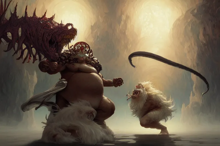Image similar to ultrarealistic male mage fighting a gigantic white fat monster, an obese white monstrosity, fantasy painting, octane render, extreme intricate details, elegant, cinematic lighting, artstation, dnd art, cgsociety, sharp focus, beautiful digital painting by artgerm, gerald brom, wlop, alphonse mucha