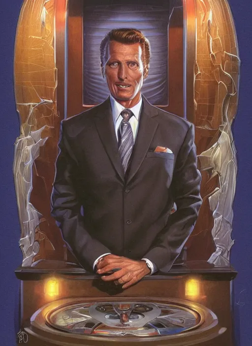 Image similar to portrait of Robert Stack from Unsolved Mysteries, highly detailed, centered, solid color background, digital painting, artstation, concept art, smooth, sharp focus, illustration, Jason Edmiston, donato giancola, Joseph Christian Leyendecker, Les Edwards, Ed Repka, WLOP, Artgerm