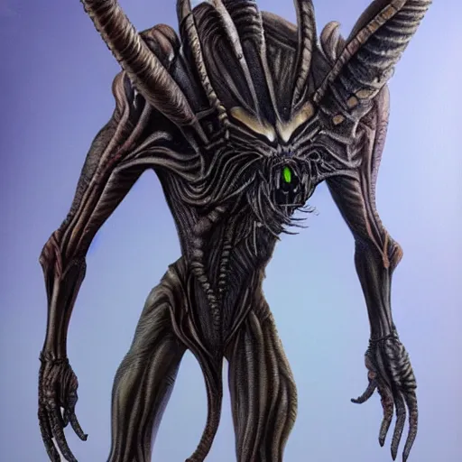 Image similar to full body studio photo of a new alien monster, creative design, realistic detailed painting, trending on deviantart