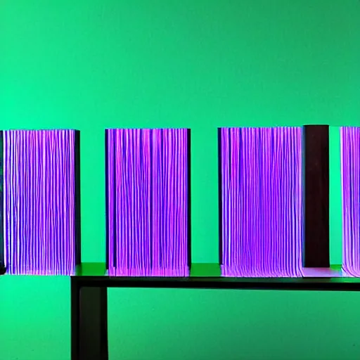 Prompt: Kinetic sculpture. a series of vertical stripes in different colors. neon purple by Hirohiko Araki uneven