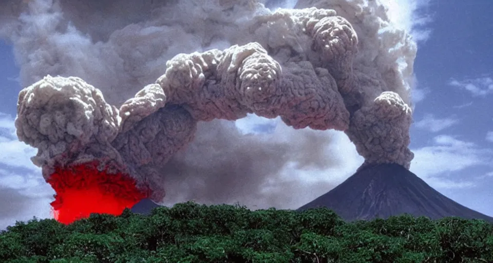 Prompt: a volcano made of ivory vines and crimson rocks enters in eruption, it spits a smoke in the shape of demonic eye, by Hideaki anno