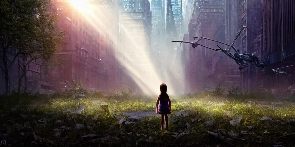 Image similar to textless sci - fi scene future overgrown new york city street, little girl alone in manhattan holding the left hand of giant robot, forest punk, crepuscular rays, epic scene, hyper realistic, photo realistic, overgrowth, cinematic atmosphere, ethereal lighting,