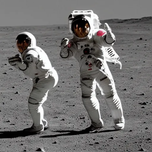 Image similar to a team of astronauts playing cricket on the moon. low gravity environment