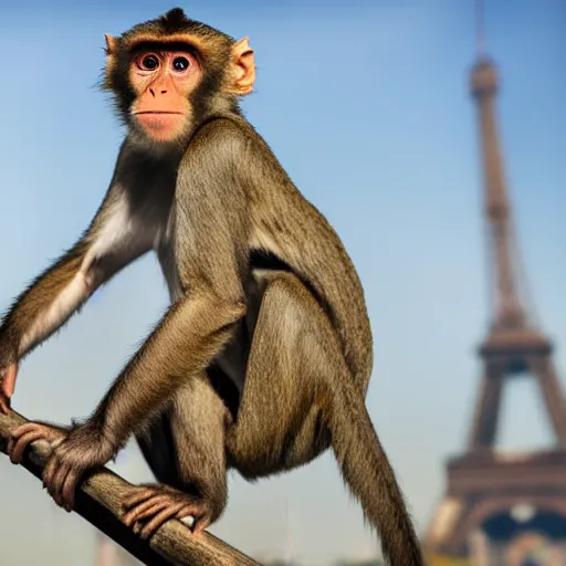 Image similar to high quality portrait of a monkey in front of eiffel tower, studio photograph, photograph, realistic photo, 8k photo, 4k photo, stock photo, high resolution, cinematic shot, high detail