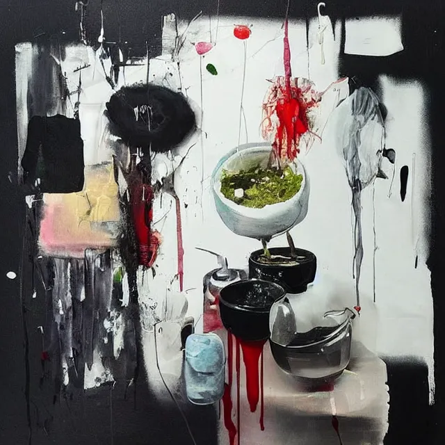 Image similar to “ a portrait in a female art student ’ s apartment, sensual, art supplies, paint tubes, palette knife, pigs, ikebana, herbs, a candle dripping white wax, black walls, squashed berries, berry juice drips, acrylic and spray paint and oilstick on canvas, surrealism, neoexpressionism ”