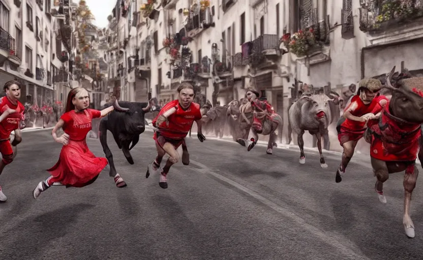 Image similar to greta thunberg running in san fermines chased by bulls, highly detailed, cinematic, 8 k resolution, beautiful detailed, octane render, unreal engine