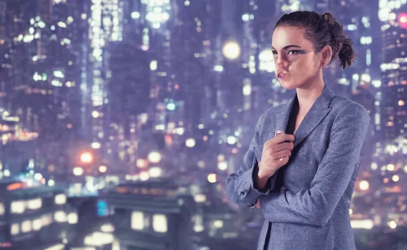 Image similar to a wide shot of a woman with a wool suit, wearing an omega speedmaster on her wrist in a dystopian city at night with cyberpunk lights