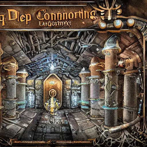 Prompt: deep underground, within a long - forgotten dwarven sanctuary, exists a mechanical contraption that coverts magic into life.