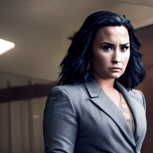 Image similar to close-up of Demi Lovato as a detective in a movie directed by Christopher Nolan, movie still frame, promotional image, imax 70 mm footage