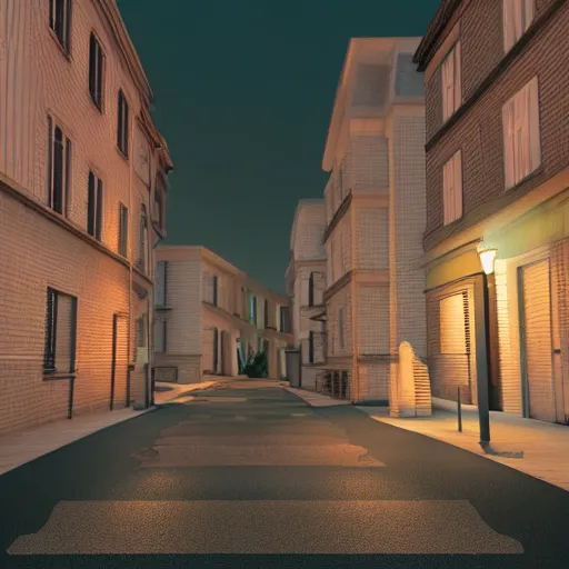 Prompt: street in night by atmospherice light and building left an right, 3 d render