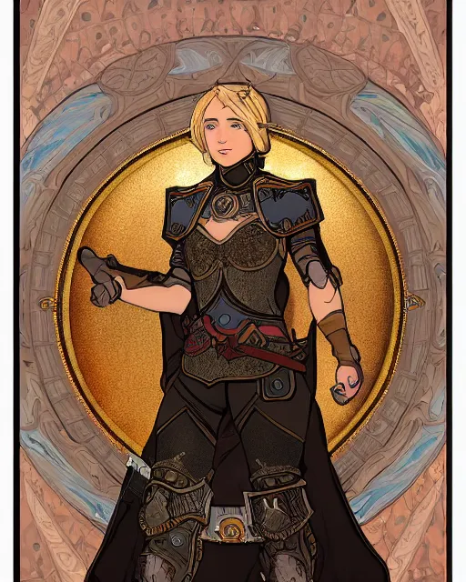 Prompt: young paladin woman, short blonde hair, plate chest armour, symmetrical portrait RPG avatar, by Mucha, intricate, 8k,