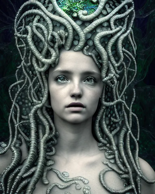 Image similar to surreal mythical dreamy underwater artistic bw photo of a beautiful young female angelic - medusa - cyborg covered with fish scales and algae, highly detailed, intricate crystal ivy jelly fish scales ornate, poetic, octane render, 8 k, photo - realistic, in the style of gustave dore and preraphaelites