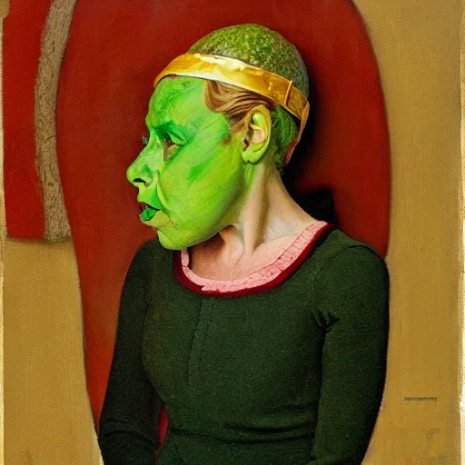 Prompt: Frontal portrait of the queen of avocados. A painting by Norman Rockwell.