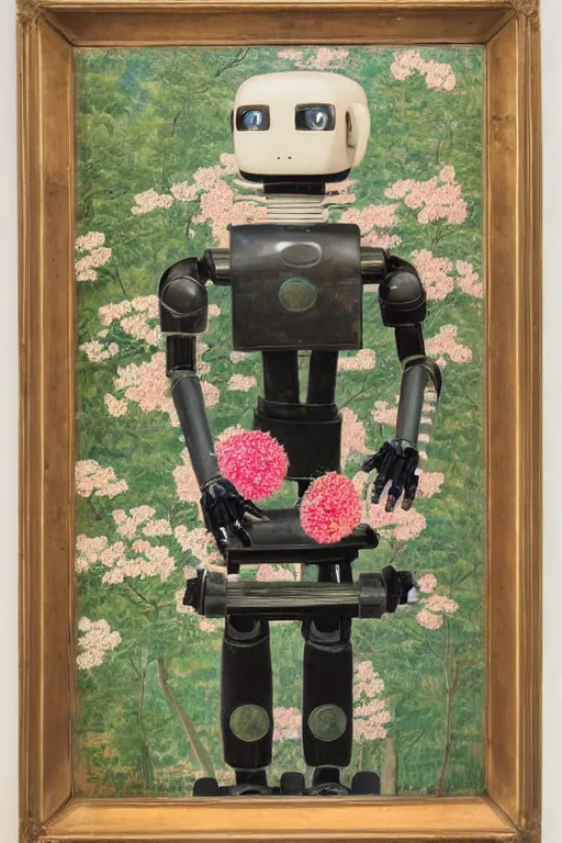 Image similar to a elegant japanese robot with fluo color detail, and muted arm colors, standing in a lush dutch master painting of flowers