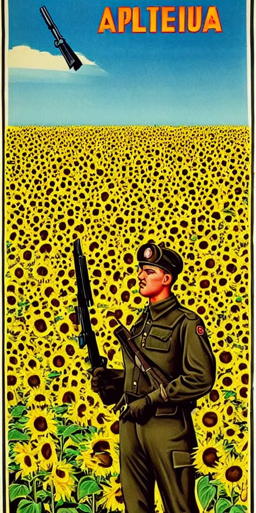 Image similar to Communist Propaganda Poster of a soldier in a sunflower field holding an Steyr AUG.