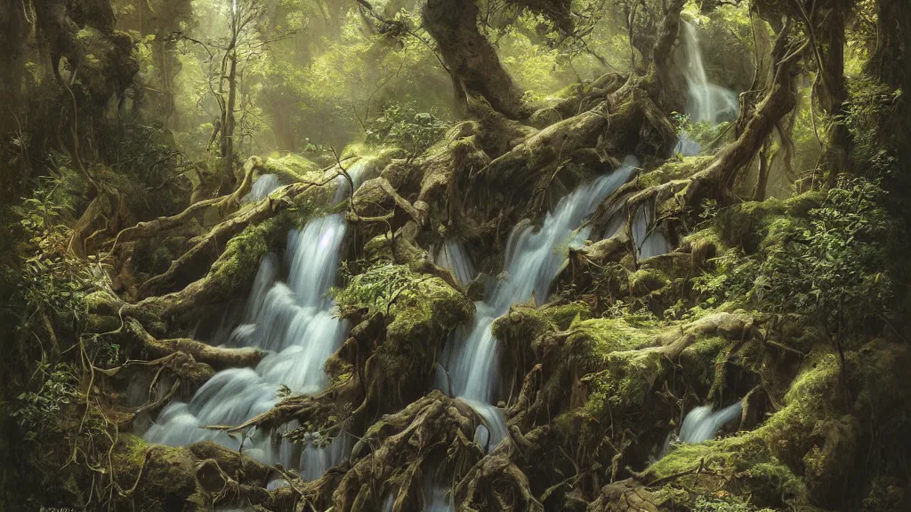 Image similar to an overgrown chasm in the earth leads down into darkness with many small waterfall streams and gnarled exposed tree trunks and roots ponds and wildlife, in a style blend of kunstler and leyendecker and rockwell, fine art, volumetric lighting, intricate details