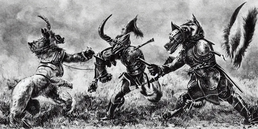 Prompt: anthropomorphic furry wolf in armor fighting in a battlefield, 1900s picture