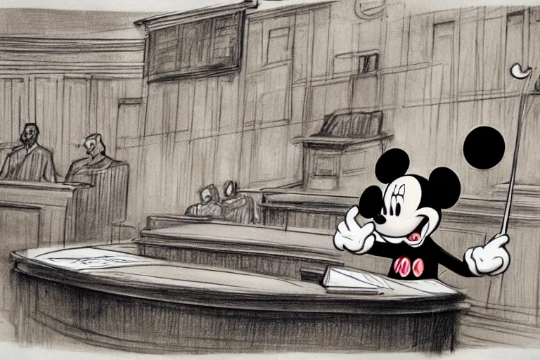 Image similar to detailed background courtroom sketch of vintage disney character mickey mouse presenting evidence of copyright infringement to the judge bench court room wooden serious dark tone