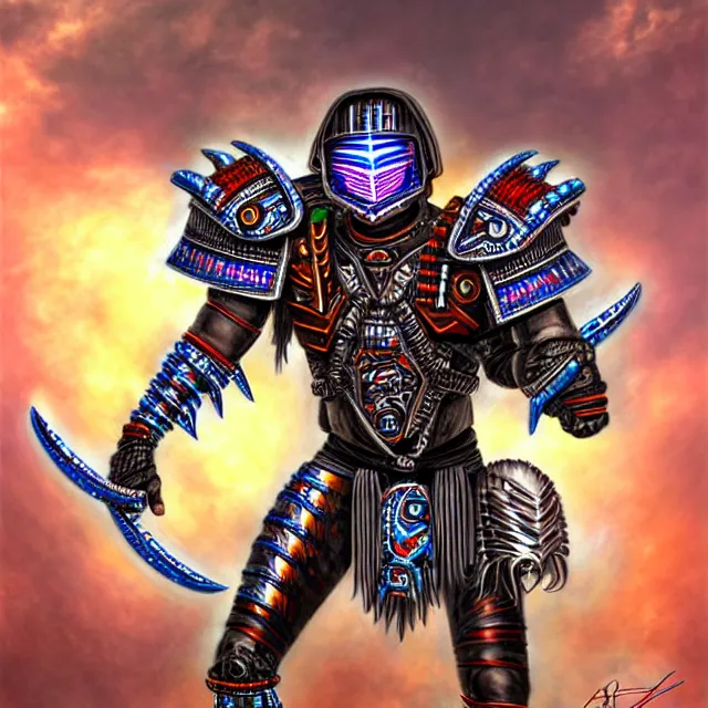 Image similar to futuristic cyber aztec warrior, highly detailed, 4 k, hdr, smooth, sharp focus, high resolution, award - winning photo, illustrated by anne stokes, photorealistic