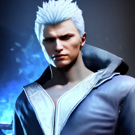 Prompt: portrait of a vergil from devil may cry ,Capcom, Grim fantasy, dlss, HDR, devil may cry 5, autodesk maya render , blue aura, natural light, shoulder level shot, dynamic pose, award winning photograph, Mucha style, 8k,
