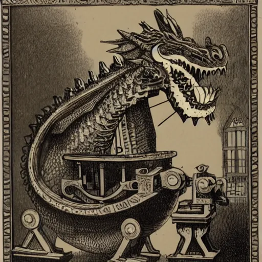 Prompt: a dragon with victorian machine on it's side, book illustration