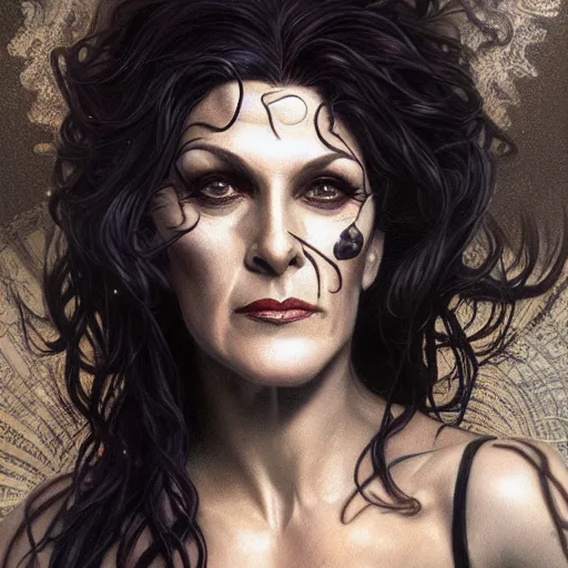 Image similar to ultra realistic illustration, deanna troi as death of the endless, the sandman, intricate, elegant, highly detailed, digital painting, artstation, concept art, smooth, sharp focus, illustration, art by artgerm and greg rutkowski and alphonse mucha