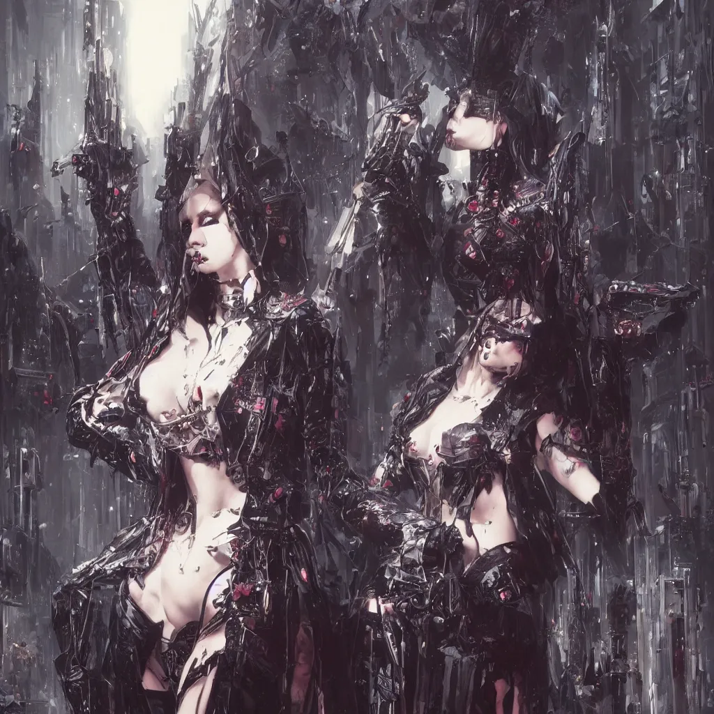 Image similar to fashionable gothic domme mistress, portrait, latex, cyberpunk altar, spikes by greg rutkowski, by yoshitaka amano, super - detail