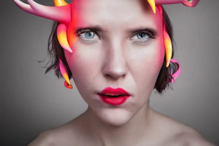 Image similar to pretty demon girl with horns photograph in the style of clemens ascher, colorful, realistic, 8 k, portrait, ambient lights,