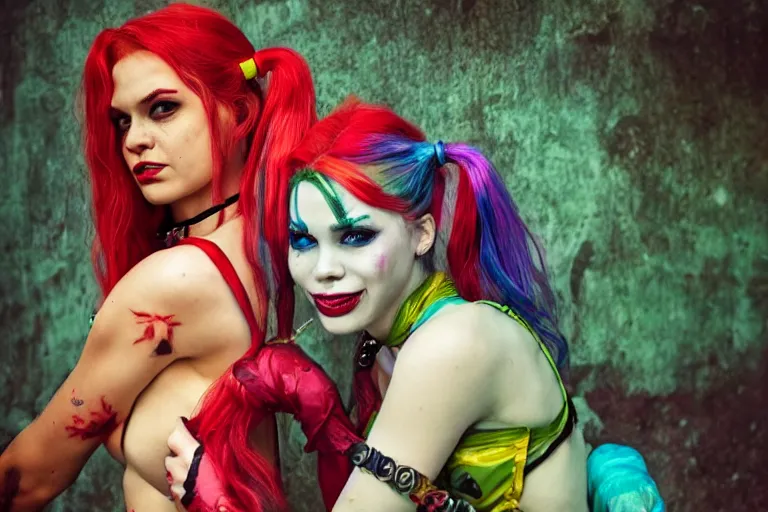 Prompt: harley quinn and poison ivy in love with each other. photo - realistic hd, hyperrealism, colourful, highly detailed, cinematic, luminescence, 3 2 k, dop, high contrast, intricate, mystery, epic, fantasy