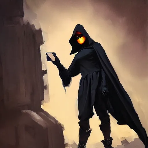 Prompt: greg manchess portrait painting of death in a black hooded cape looking at a smart phone overwatch character, medium shot, asymmetrical, profile picture, organic painting, sunny day, matte painting, bold shapes, hard edges, street art, trending on artstation, by huang guangjian and gil elvgren and sachin teng and phil hale