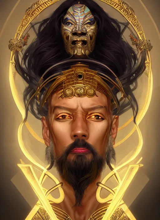 Image similar to angry god shu, bronze skin tone and egyptian wig, pharaoh beard, glowing eyes, volumetric lights, cyan and gold scheme, art nouveau botanicals, gothic, intricate, highly detailed, digital painting, artstation, concept art, smooth, sharp focus, symmetric face, illustration, steampunk, art by artgerm and greg rutkowski and alphonse mucha