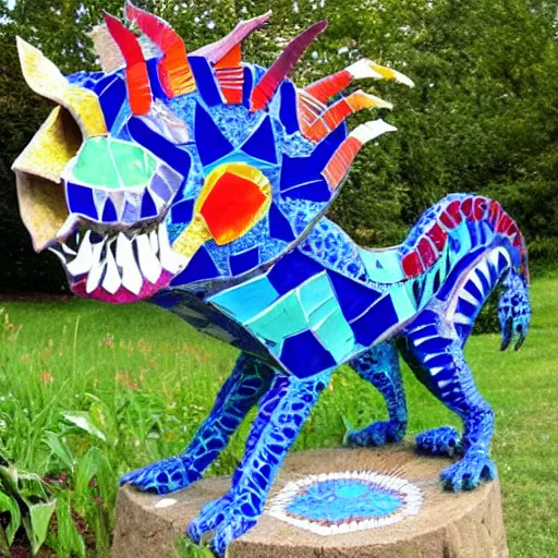 Image similar to mosaic sculpture of a alebrije chimera!!!, irregularly shaped large mosaic tiles, recycled pottery shards, in the style of folk art, in a cottagecore flower garden