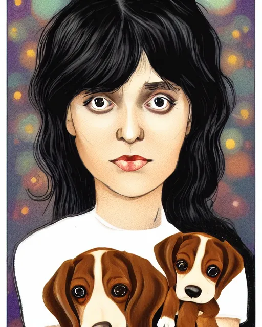 Image similar to happy birthday postcard in a style of Neil Gaiman book , black haired girl holding a beagle puppy, trending on artstation, 8k, highly detailed