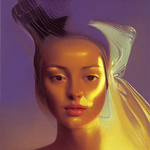 Image similar to a chrome woman's face in flowing sheets of cobalt blue gold chrome silver satin, by moebius syd mead roger dean wojciech siudmak donato giancola yoshitaka amano ivan aivazovsky jan de heem pieter claesz paul delaroche alma tadema aelbert cuyp willem claesz, hyperrealistic volumetric light render