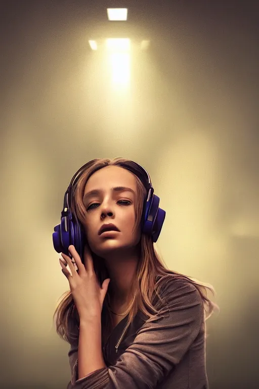 Image similar to A stunningly beautiful girl with headphones on, her clothes are made of dubstep, wub wub wub, dramatic lighting, cinematic, establishing shot, extremely high detail, foto realistic, cinematic lighting, post processed, concept art, high details, cinematic, 8k resolution, beautiful detailed, photorealistic, digital painting, artstation, concept art, smooth, sharp focus, artstation trending, octane render, unreal engine