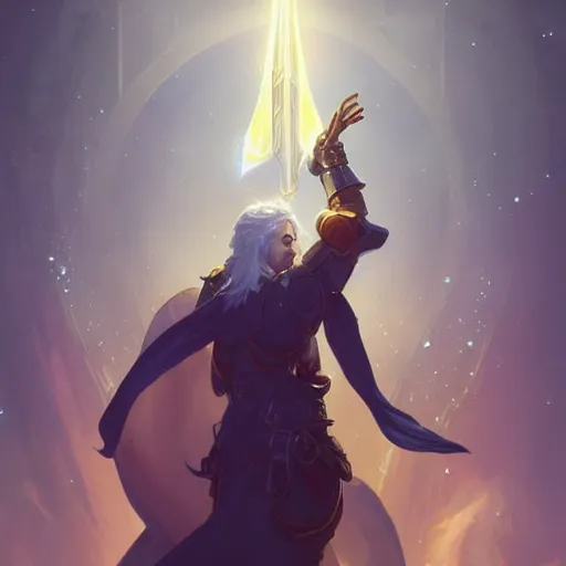 Prompt: paladin with white hair in magical full plate holding a large glowing tower shield standing in front of an airship, heroic, epic, D&D, trending on artstation, 4k, art by Greg Rutkowski and Alphonse Mucha